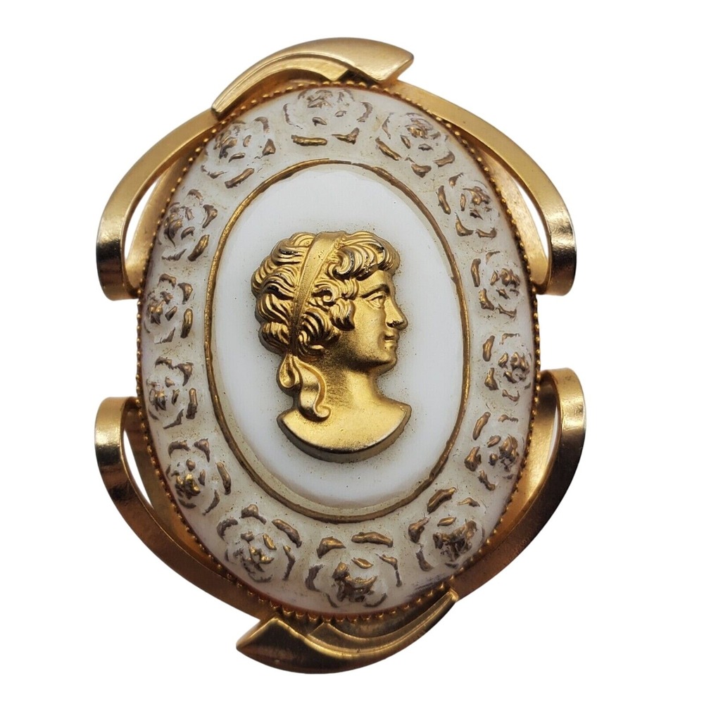 White & Gold Cameo Brooch Vintage Milk Glass Oval Victorian Revival Figural Pin